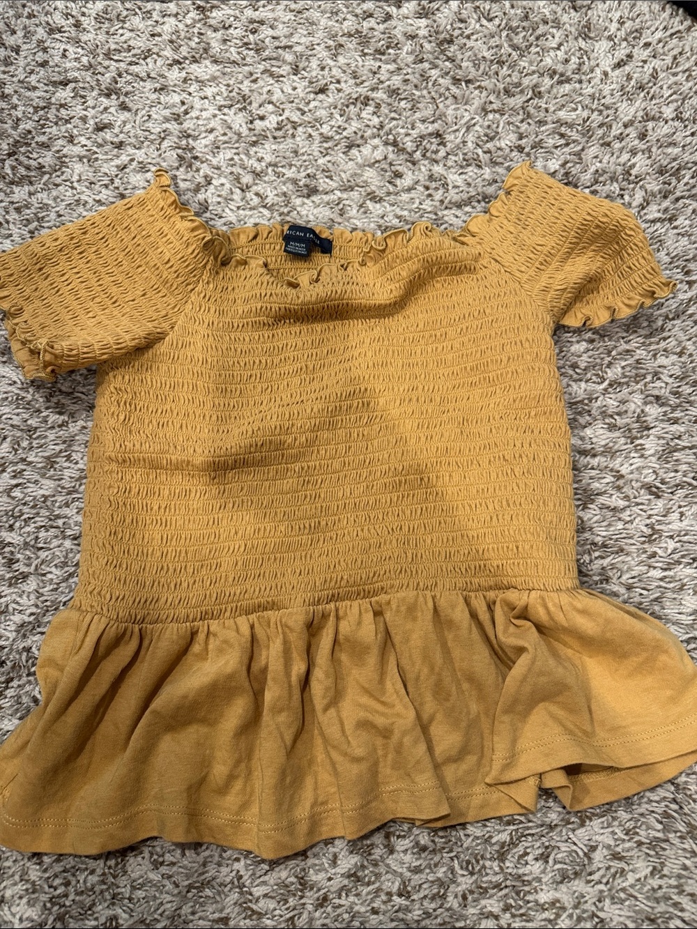 American Eagle Outfitters Mustard Smocked Off-Shoulder Peplum Top